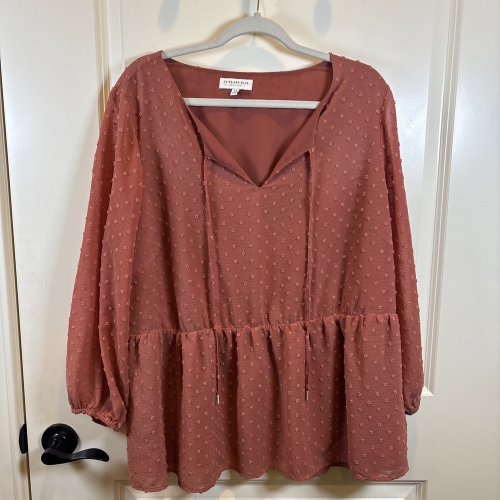 Skies Are Blue Curvy Swiss Dot Ruffle Blouse Boho Romantic Core 2X Dusty Rose
